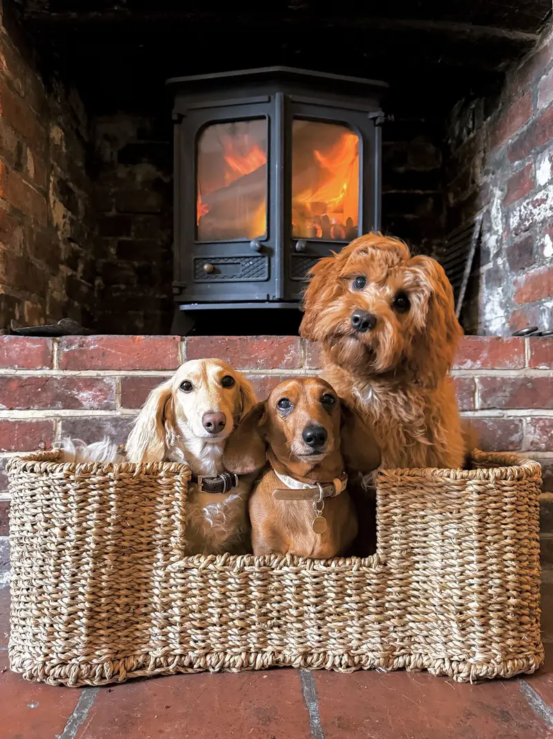 Three small dogs in a basket by the fire at The Five Bells